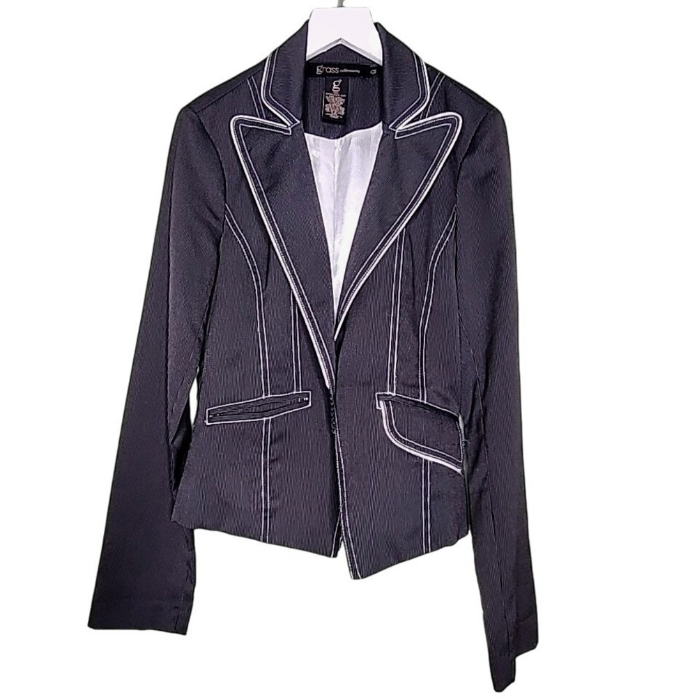 Grass Collection Blazer Black Striped Pockets One Button M